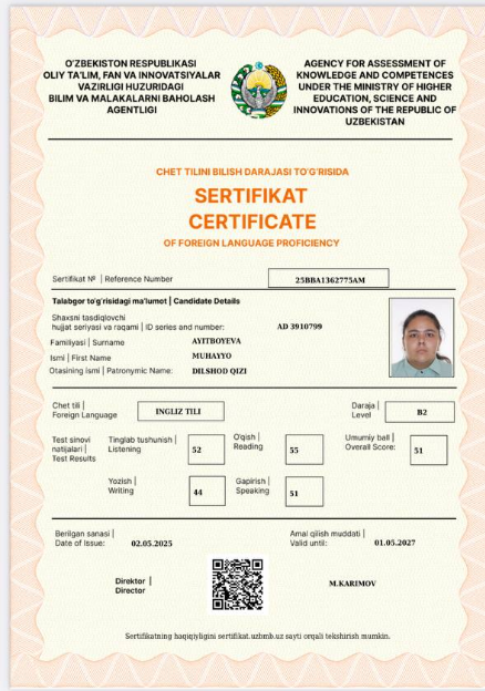 Maktabni 11-sinf bitiruvchi  o'quvchimiz Ayitbayeva Muhayyo  ingliz tilidan milliy sertifikatga ega bo'ldi.